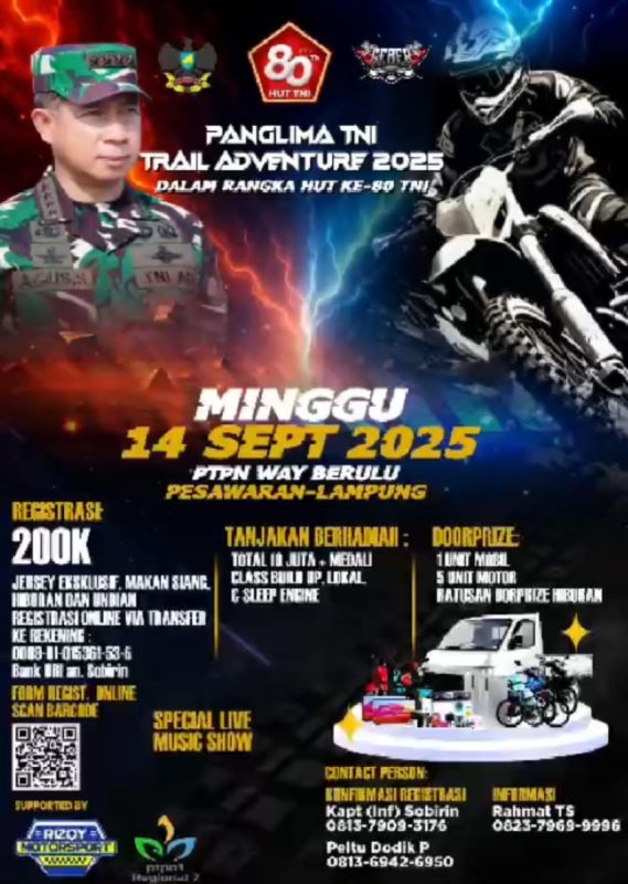Ribuan Rider Siap Geber Motor Trail di Pesawaran, Perebutkan Hadiah Panglima TNI HUT ke-80